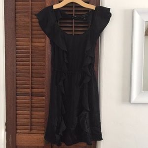 Guess Black Satin Cap Sleeve Dress with Ruffles